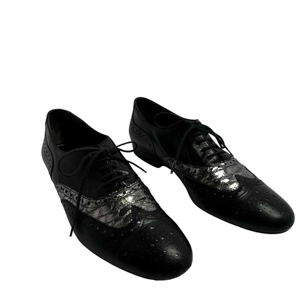 Robert Clergerie French Black and Silver Oxfords Lace Up Women Shoes SZ 7.5